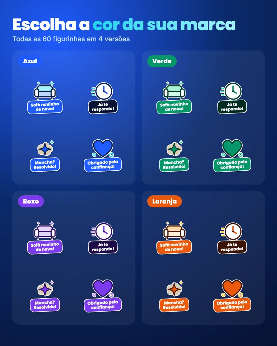 As figurinhas nas 4 cores: azul, verde, laranja e roxo